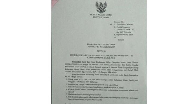 Udara Tak Sehat, Siswa Muarojambi Libur 3 Hari