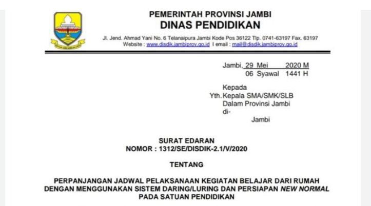 Siap-Siap Sekolah Lagi, Sudah Ada SE Persiapan New Normal Untuk SMA/SMK Provinsi Jambi