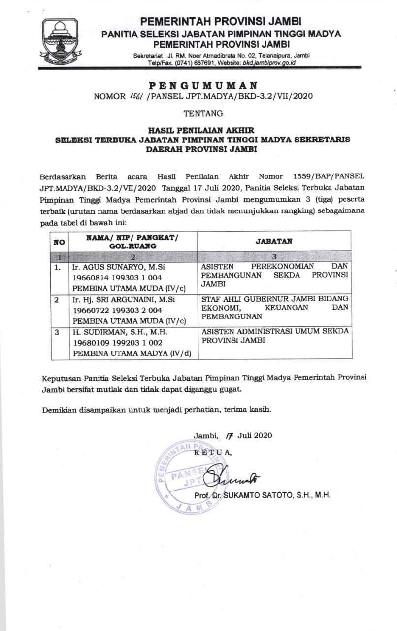 Tiga Besar Lelang Sekda Provinsi Jambi Keluar !! Masherudin Tersingkir