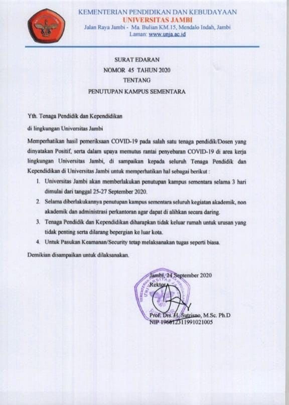 BREAKING NEWS: Kampus Unja Ditutup Tiga Hari Kedepan, Salah Satu Dosen Dinyatakan Positif Covid-19