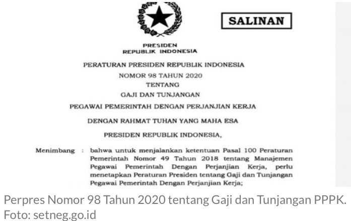 Inilah Perpres 98 Tahun 2020 tentang Gaji dan Tunjangan PPPK, Lengkap  