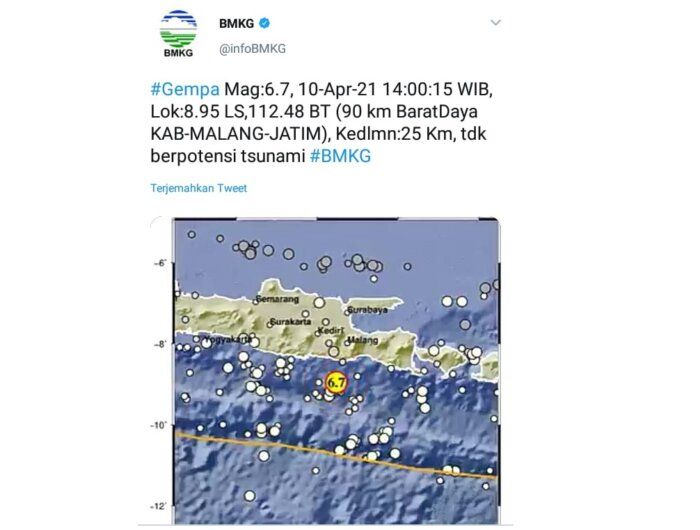 Gempa M6,7 di Selatan Malang, BMKG: Tidak Berpotensi Tsunami