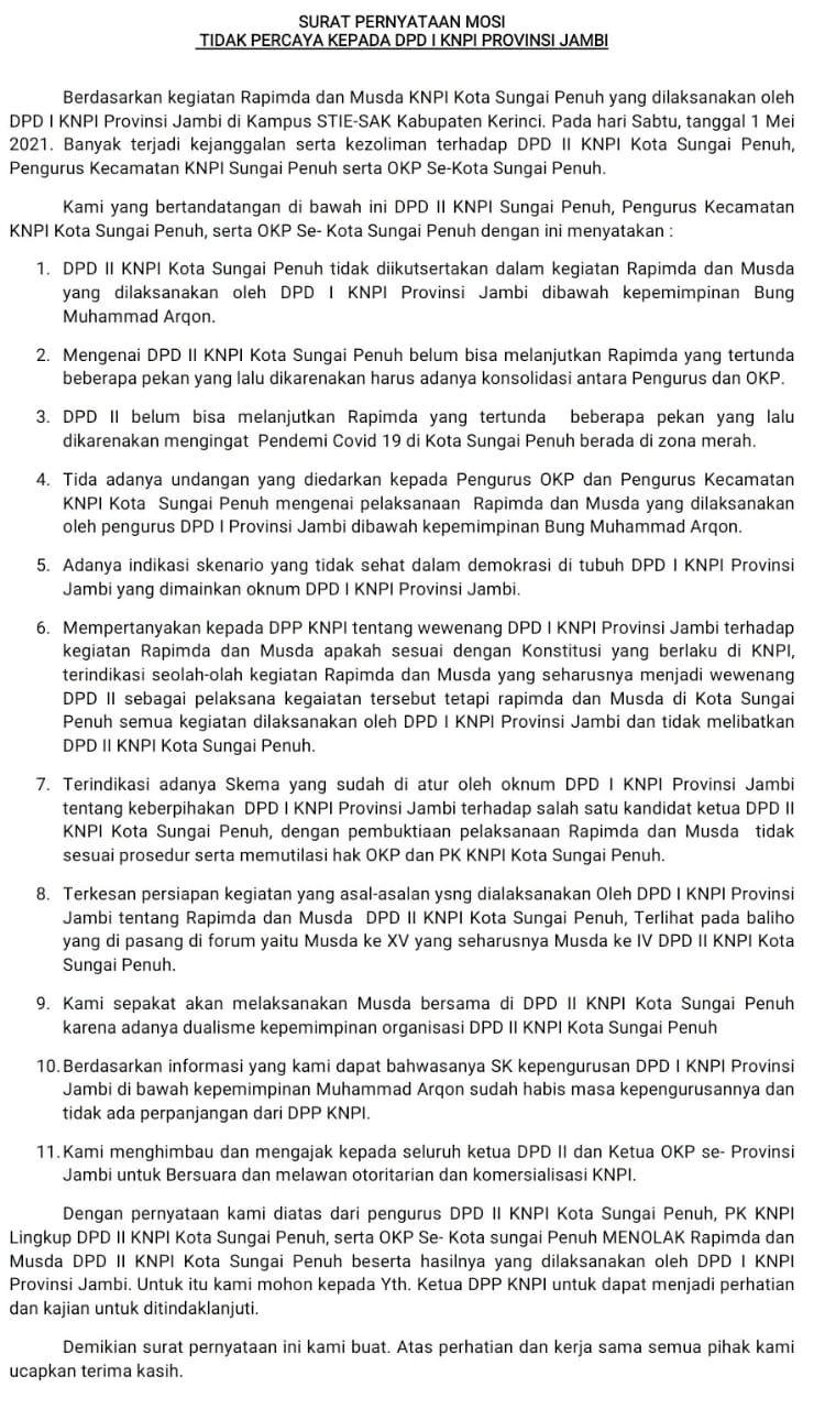 OKP dan PK Layangkan Mosi Tidak Percaya Terhadap Arqon