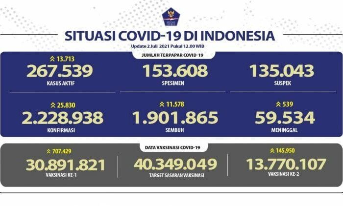 Covid-19 Tembus 25.830 Kasus Sehari, Sembuh 11.578 Pasien, Meninggal 539 Jiwa