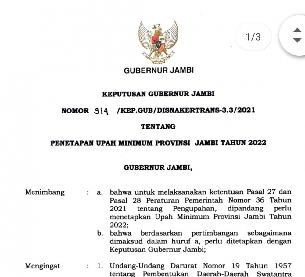 Upah Minimum Provinsi Jambi 2022 Ditetapkan, Naik Rp18.872