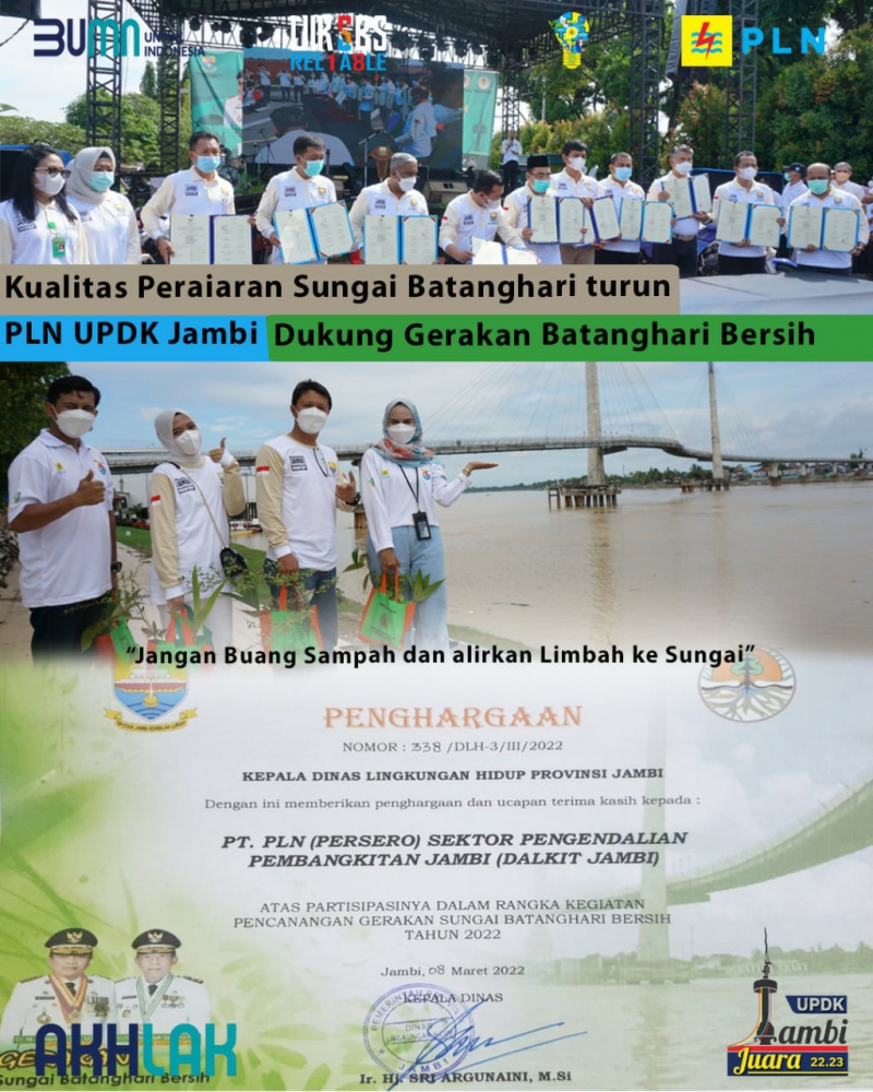 PLN Dukung Gerakan Sungai Batanghari Bersih, Raih Penghargaan dari Pemerintah Provinsi Jambi