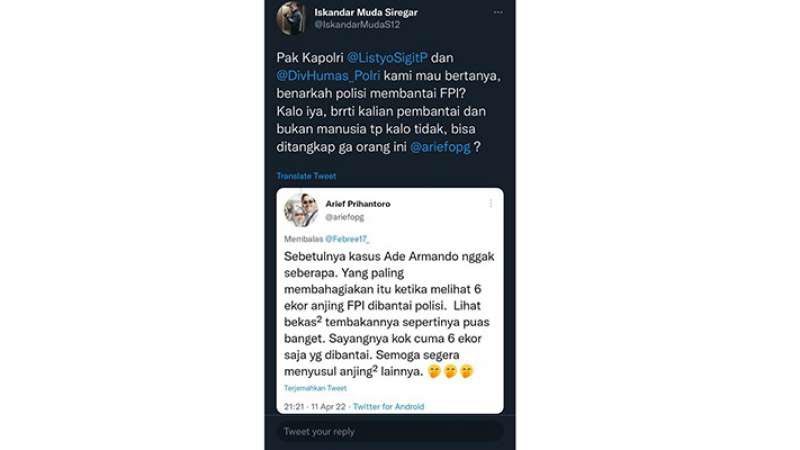 Samakan dengan Anjing, Warganet Singgung Tweet Arief Prihantoro: Benarkah Polisi Membantai FPI?