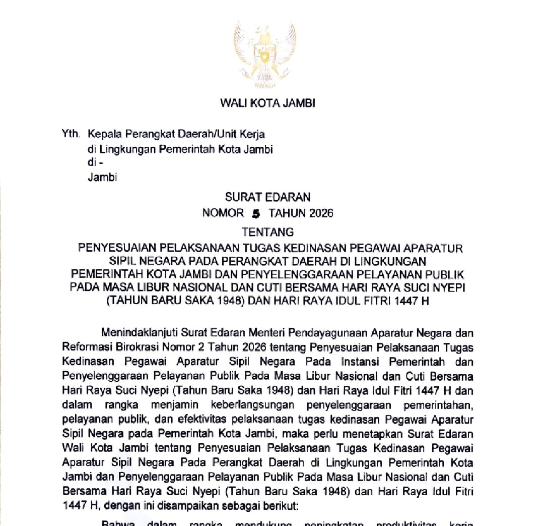 Aturan Libur Lebaran! ASN Pemkot Jambi Boleh WFA Jelang Nyepi dan Lebaran