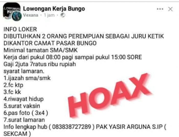 Sejumlah Orang Tertipu Info Loker di Facebook Untuk Posisi Juru Ketik di Kantor Camat Pasar Muara Bungo