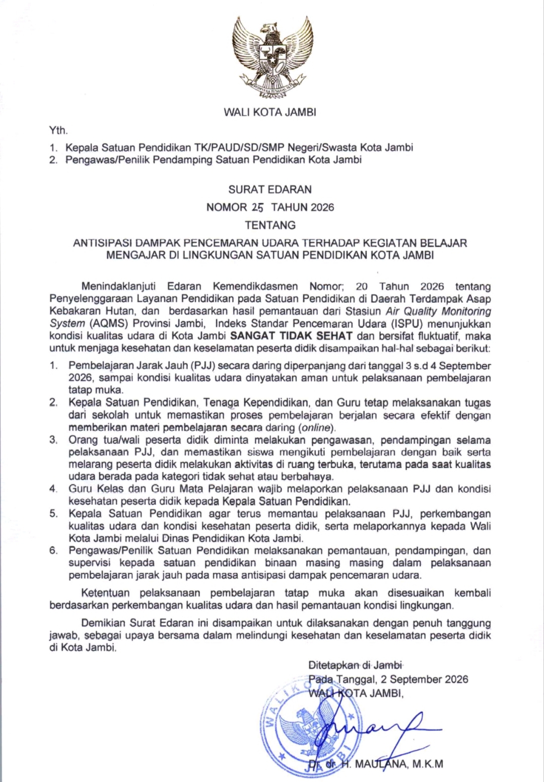 Berubah! PJJ Kota Jambi Diperpanjang hingga 4 September, Kualitas Udara Fluktuasi 