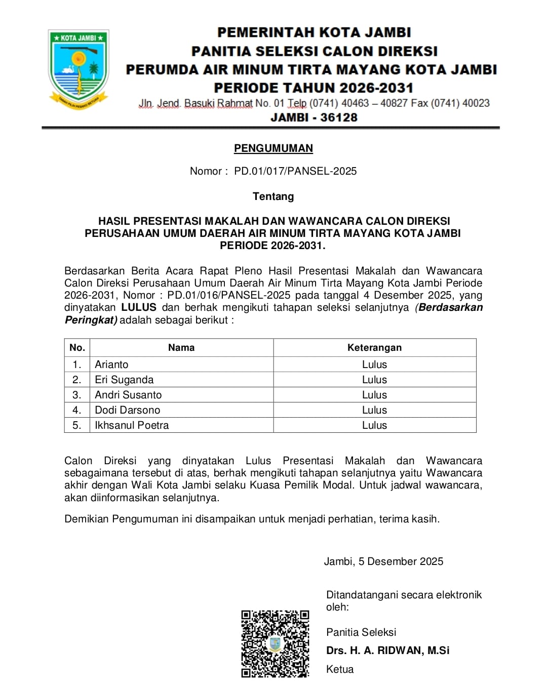 Lima Besar Diumumkan, Ini Nama-nama Calon Direksi Tirta Mayang