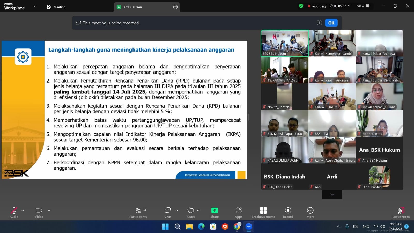 Kanwil Kemenkum Jambi Ikuti Monitoring dan Evaluasi Pelaksanaan Anggaran
