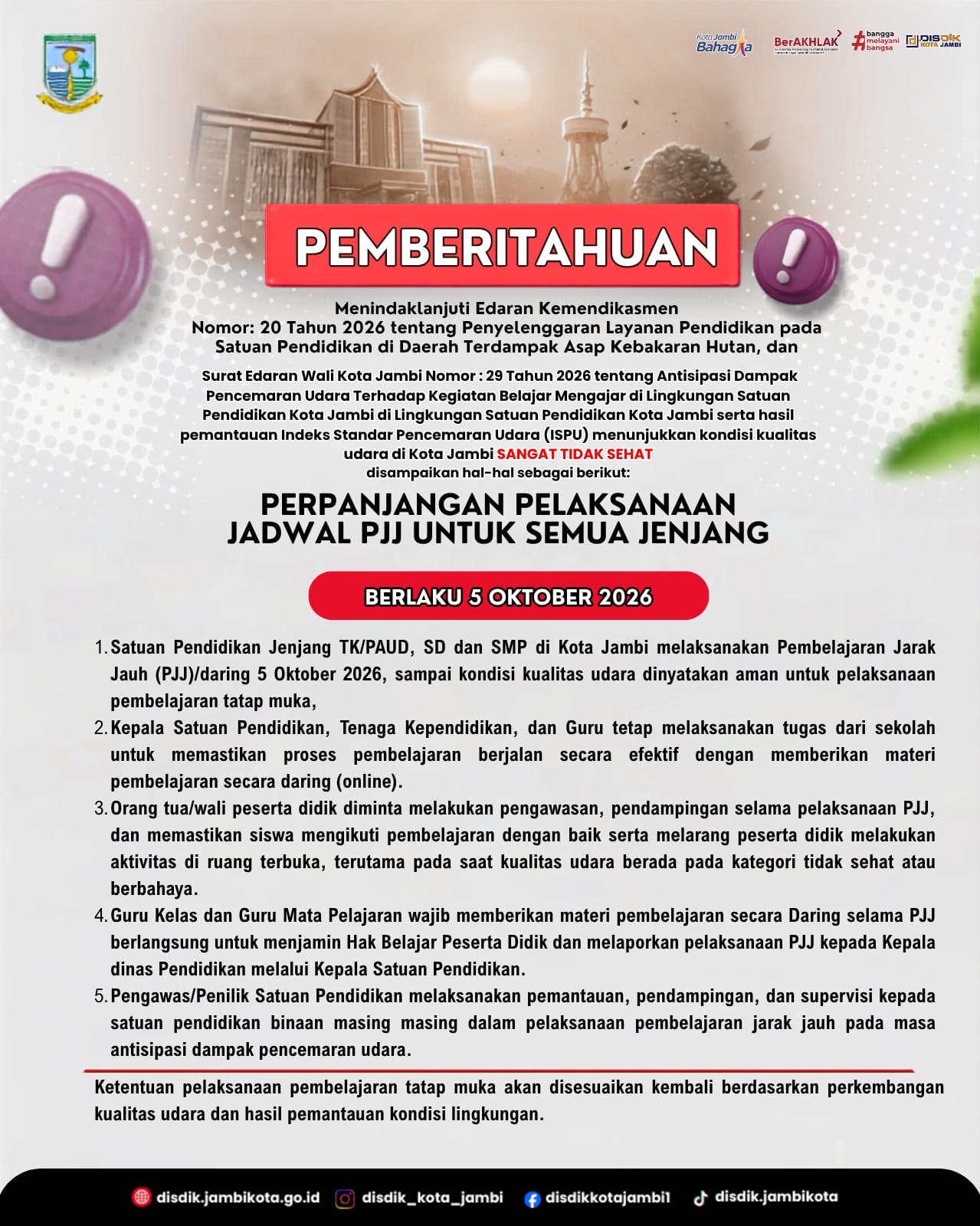 Udara Masih Sangat Tidak Sehat, Pemkot Jambi Perpanjang PJJ Semua Jenjang 