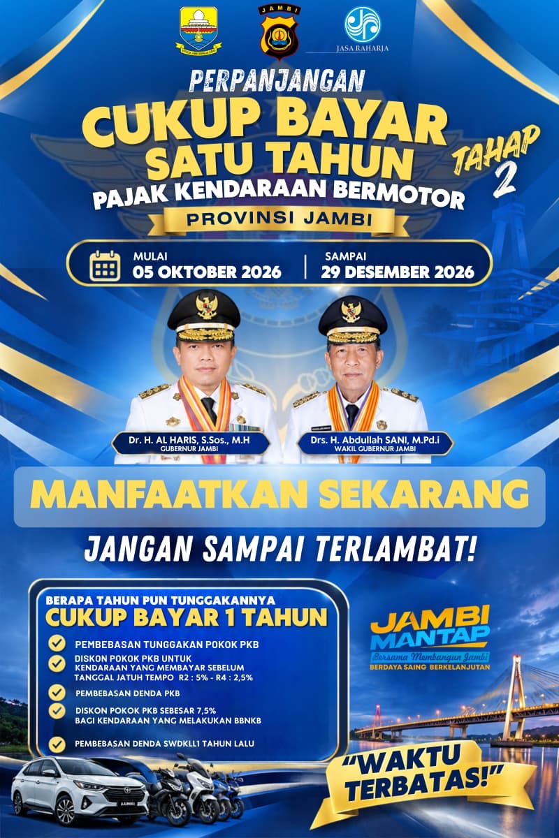 Pemprov Jambi Perpanjang Pemutihan Pajak Kendaraan Bermotor, Berlaku 5 Oktober – 29 Desember