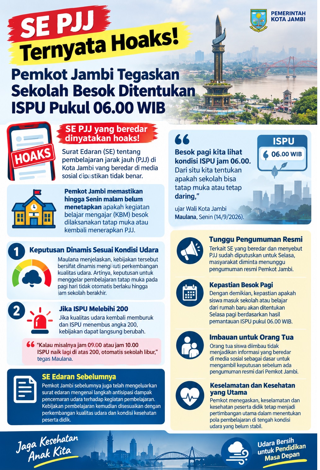 SE PJJ Ternyata Hoaks! Pemkot Jambi Tegaskan Sekolah Besok Ditentukan ISPU Pukul 06.00 WIB