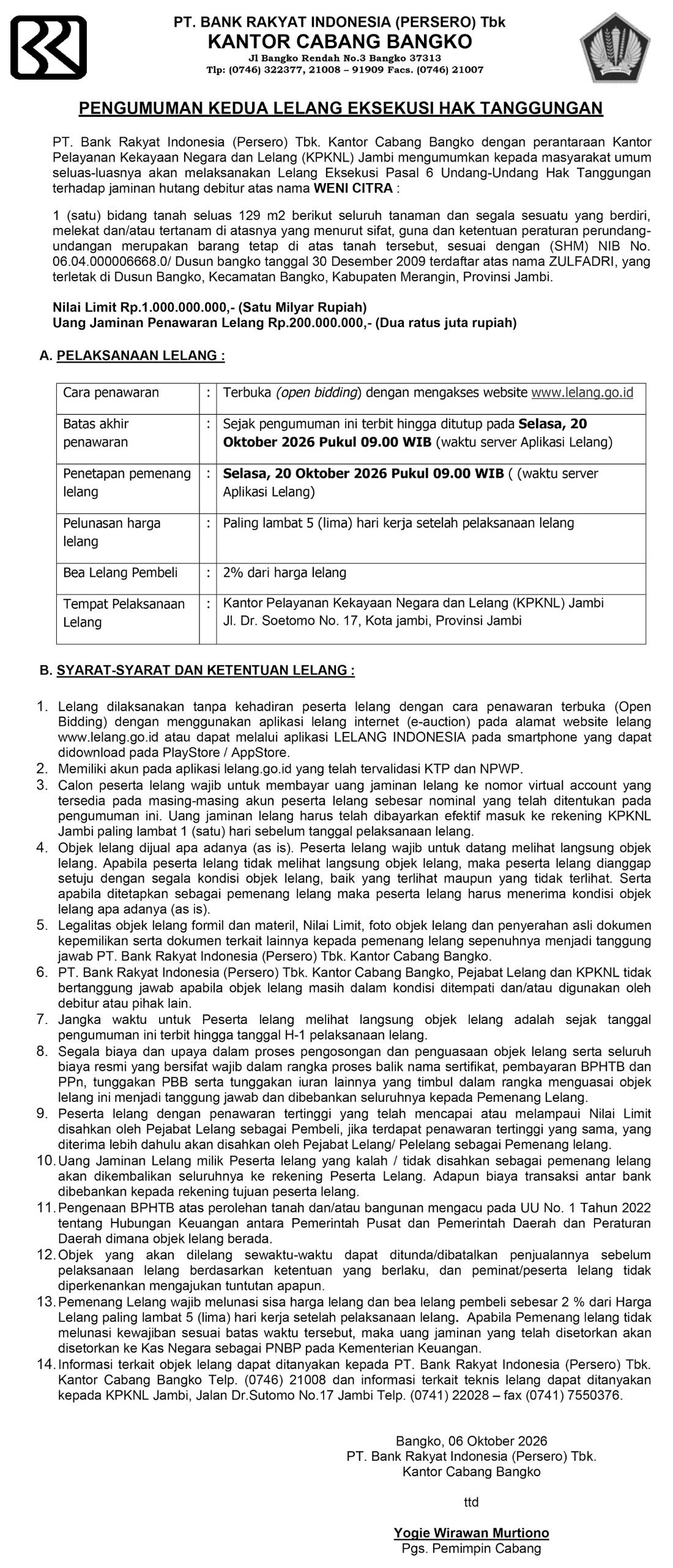 Pengumuman Kedua Lelang Eksekusi Hak Tanggungan BRI Debitur Atas Nama Weni Citra