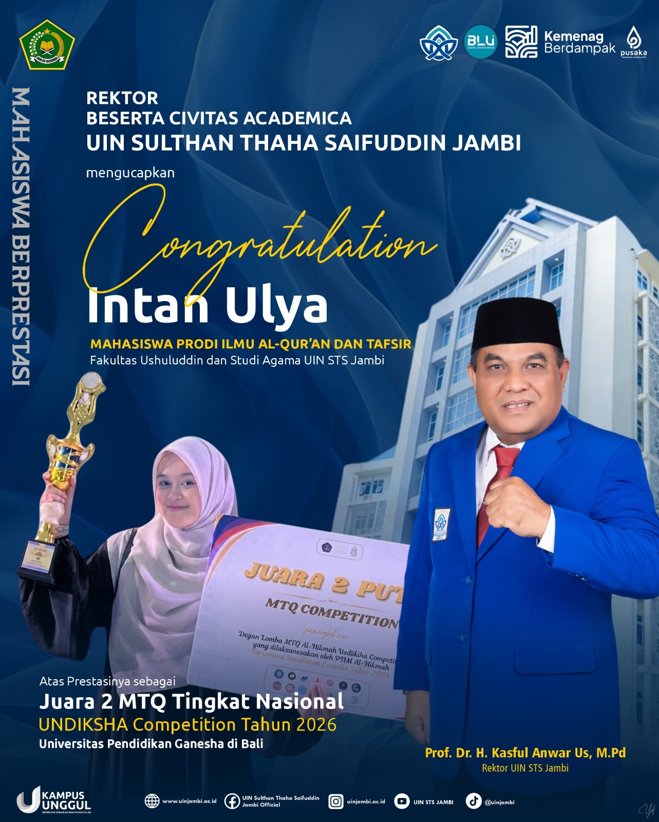 Harumkan Nama UIN STS Jambi, Intan Ulya Raih Juara 2 MTQ Nasional di Bali