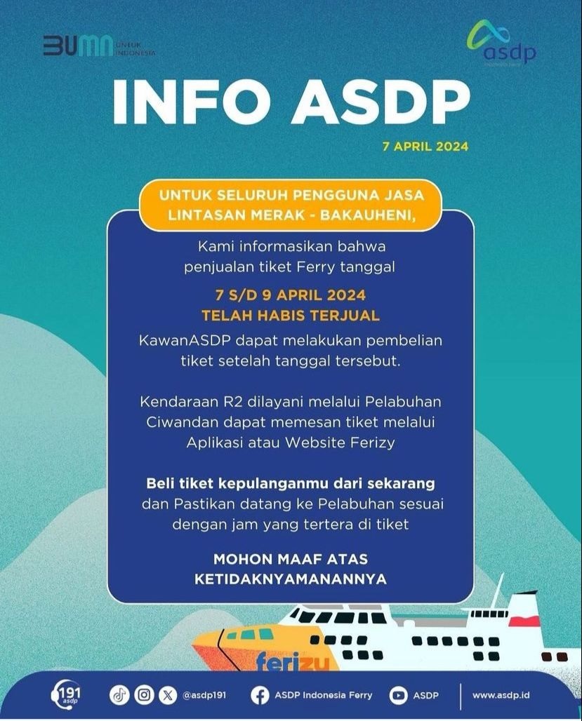 Tiket Ferry Merak-Bakauheni Sudah Habis Hingga 9 April 2024, Sepeda Motor Dilayani Lewat Pelabuhan Ciwandan