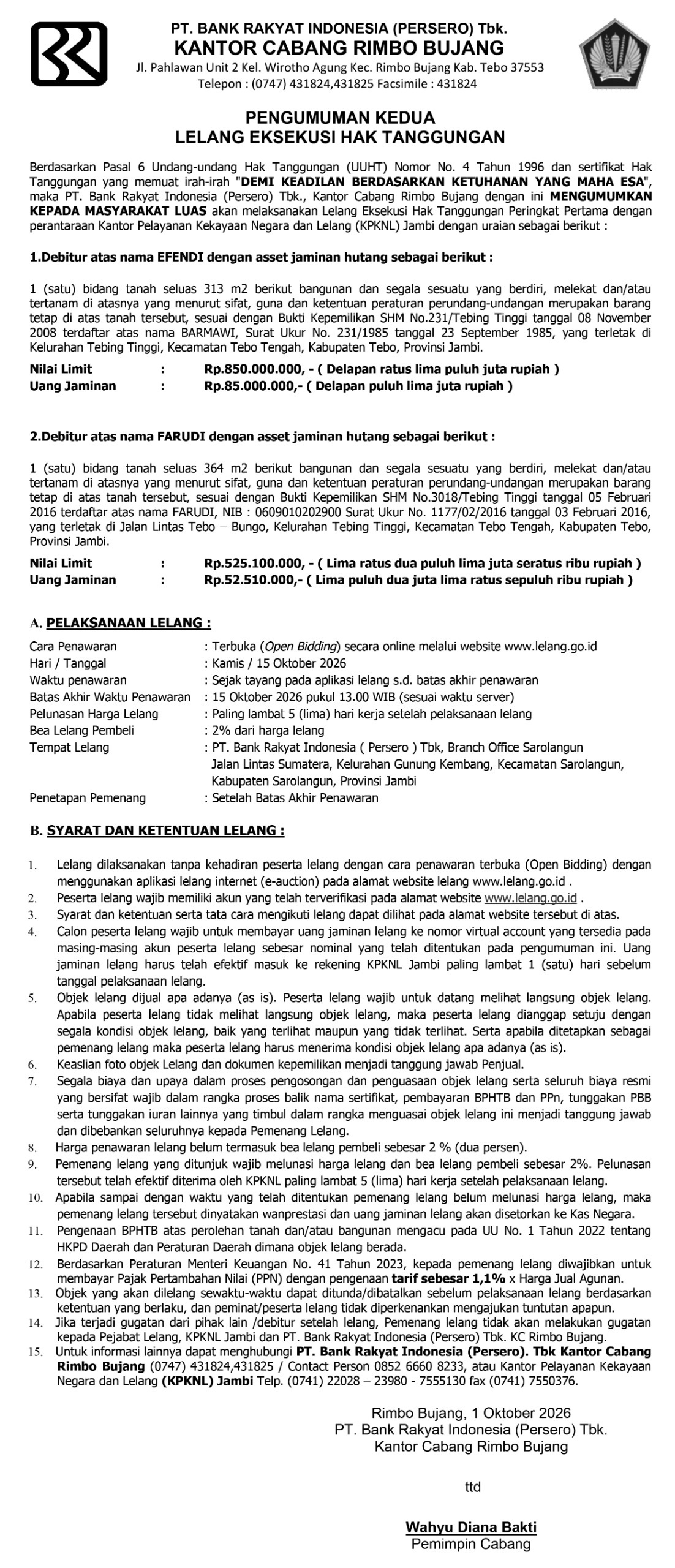 Pengumuman Kedua Lelang Eksekusi Hak Tanggungan BRI Debitur Atas Nama Effendi dan Farudi