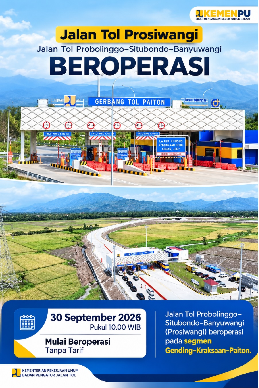 Jalan Tol Prosiwangi Segmen Gending–Kraksaan–Paiton Resmi Beroperasi Tanpa Tarif Mulai 30 September 2026