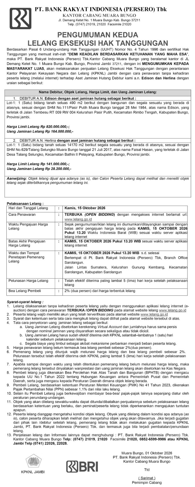 Pengumuman Kedua Lelang Eksekusi Hak Tanggungan BRI Debitur Atas Nama Edison dan Herlina