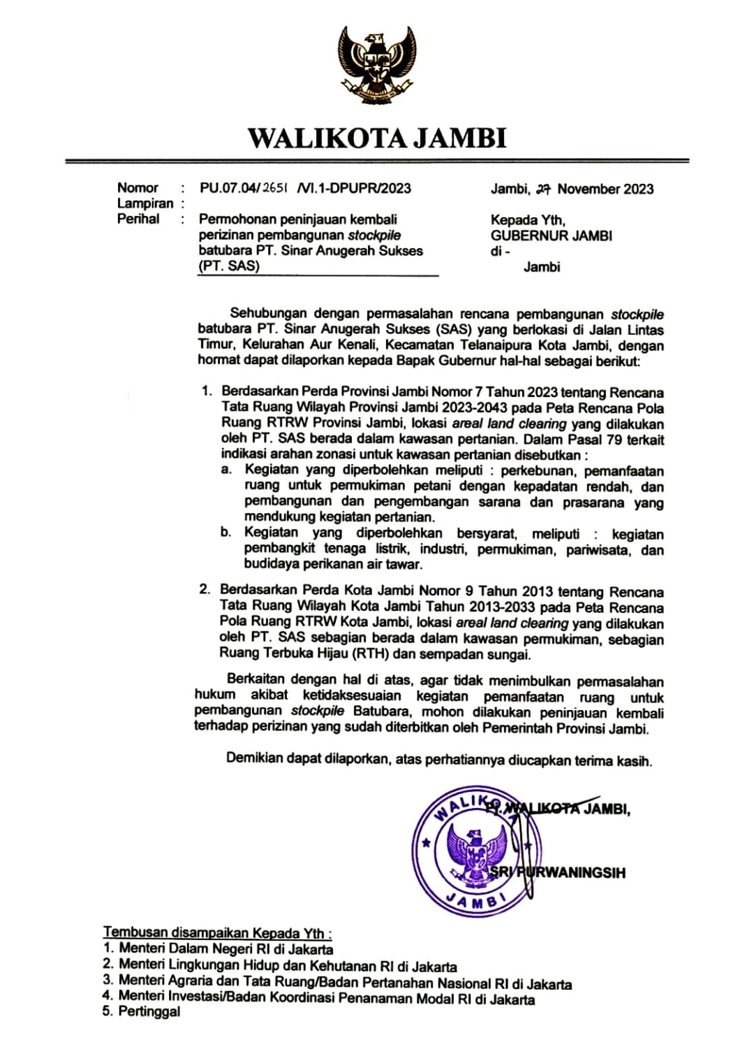 Perda Kota dan Provinsi Jambi Sama, Lokasi PT SAS di Aur Kenali Bukan Kawasan Industri