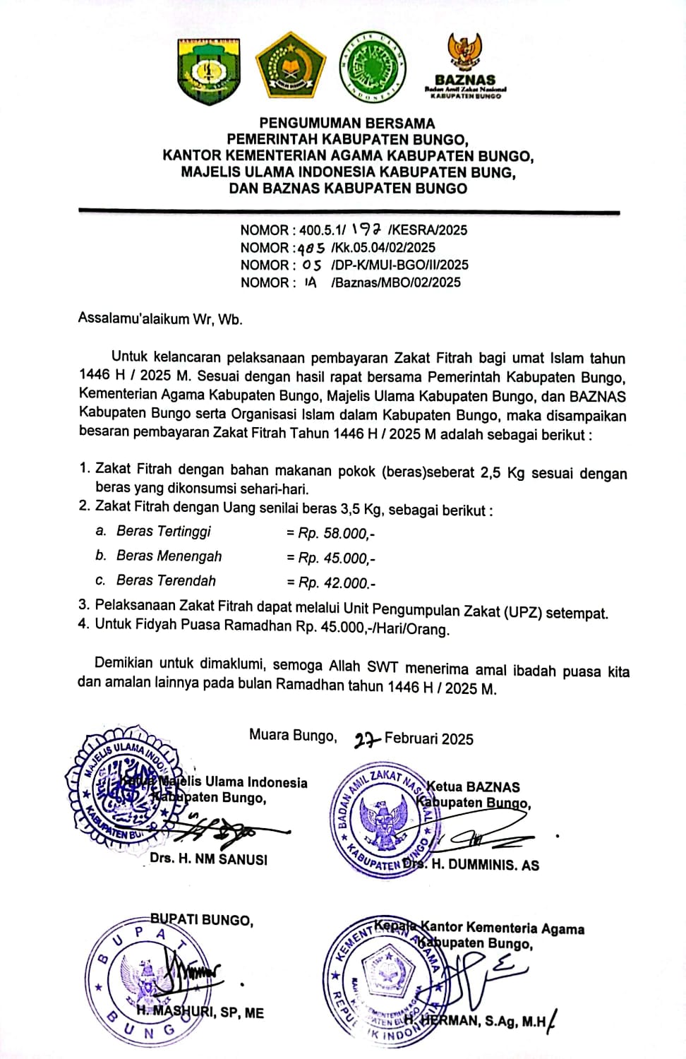 Zakat Fitrah di Bungo Tertinggi Rp58 Ribu Terendah Rp42 Ribu