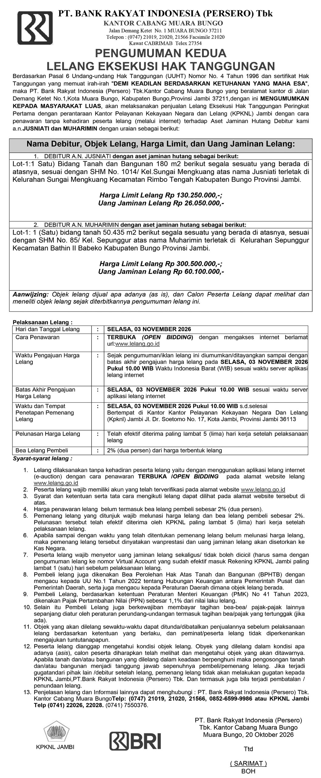  Pengumuman Kedua Lelang Eksekusi Hak Tanggungan BRI Debitur Atas Nama Jusniati dan Muharimin