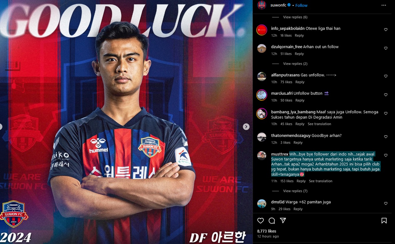 Suwon FC Resmi Ucap ‘Goodbye’ ke Arhan Pratama