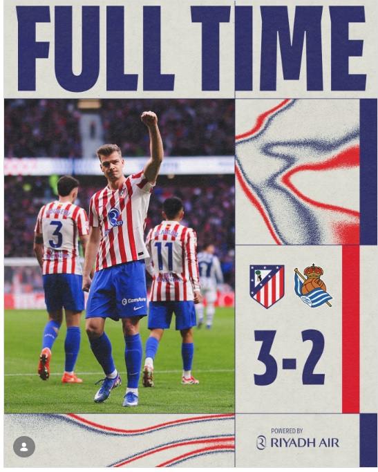 Atletico Madrid Sikat Real Sociedad 3-2, Nico Gonzalez Cetak Dua Gol