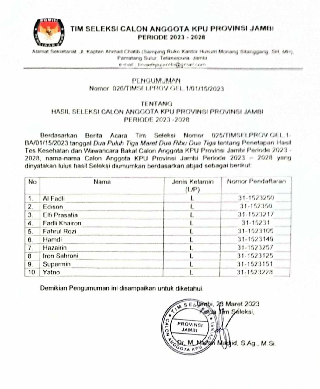 BREAKING NEWS: Timsel Umumkan 10 Besar Calon Anggota KPU Provinsi Jambi