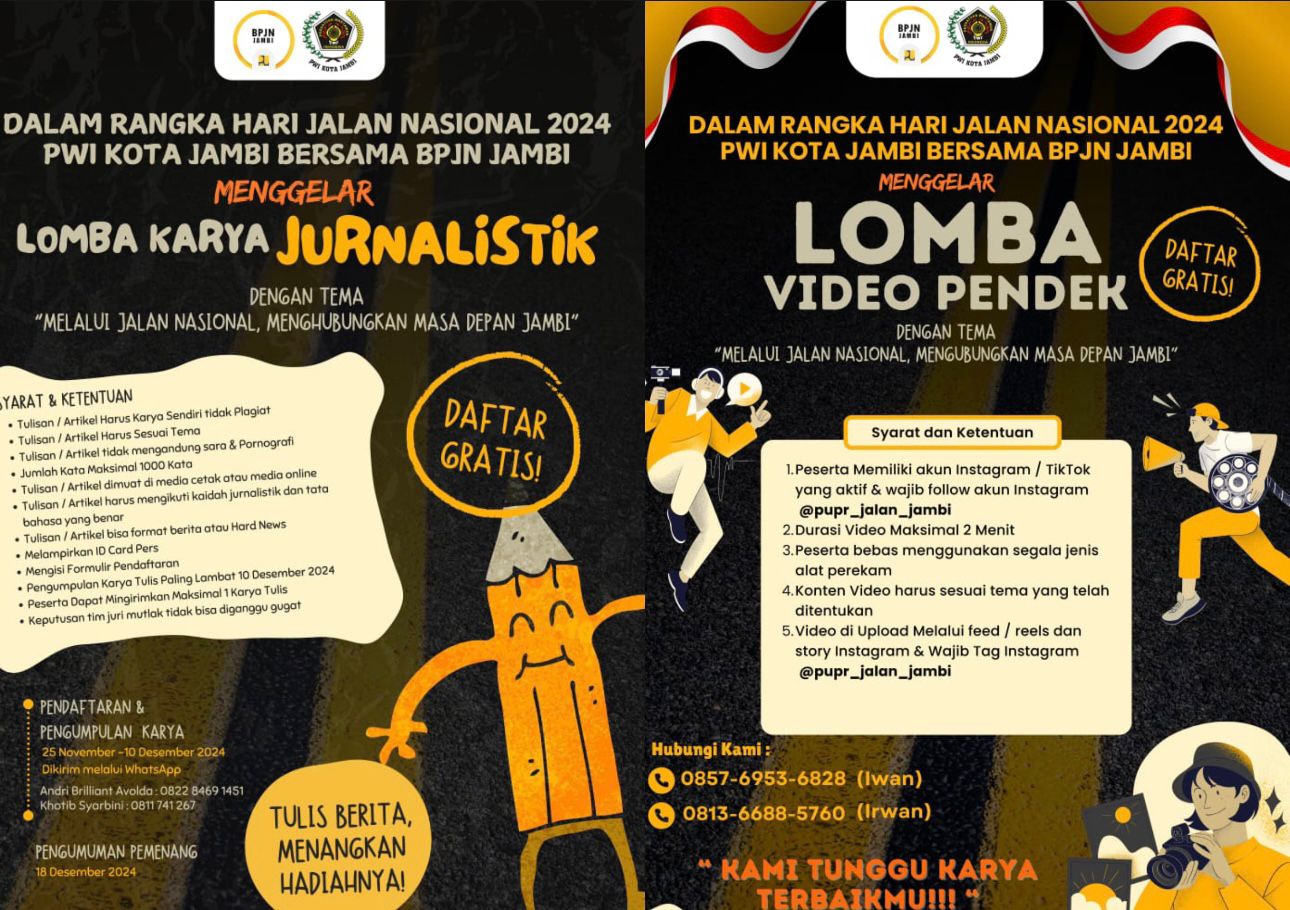 Sambut Hari Jalan Nasional 2024, PWI Kota Jambi bersama BPJN Gelar Lomba Karya Jurnalistik dan Video