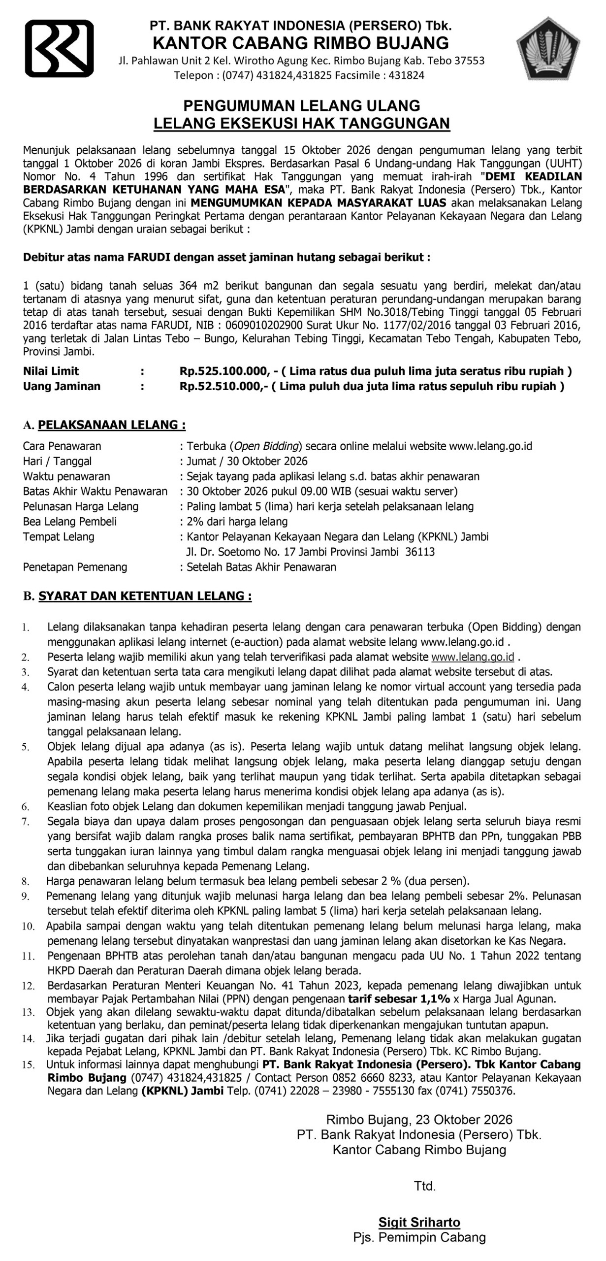 Pengumuman Lelang Ulang Lelang Eksekusi Hak Tanggungan BRI Debitur Atas Farudi