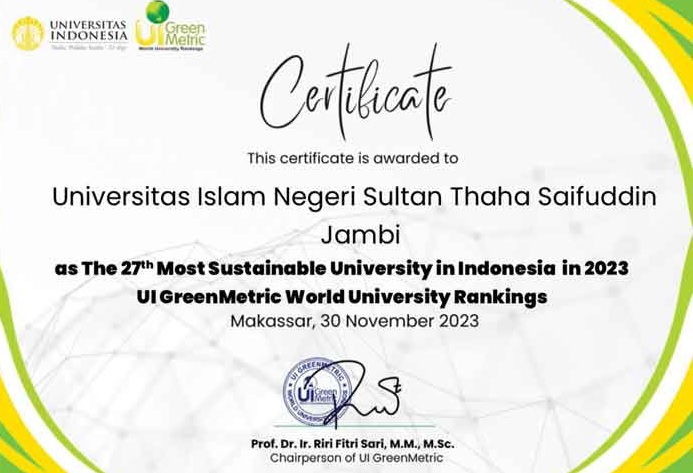 Keren! UIN STS Jambi Kembali Raih Rangking di UI Greenmetric World University Rangking 2023