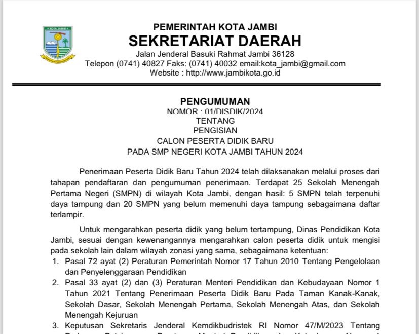 SEGERA DAFTAR! Kuota Kosong 1.628 Kursi, Ini Daftar SMPN Kota Jambi yang Masih Ada Daya Tampung 