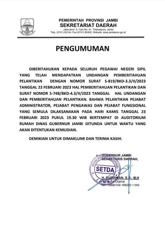 Pelantikan Pejabat Pemprov Dipastikan Ditunda Malam Ini, Berikut Keterangan BKD Provinsi Jambi