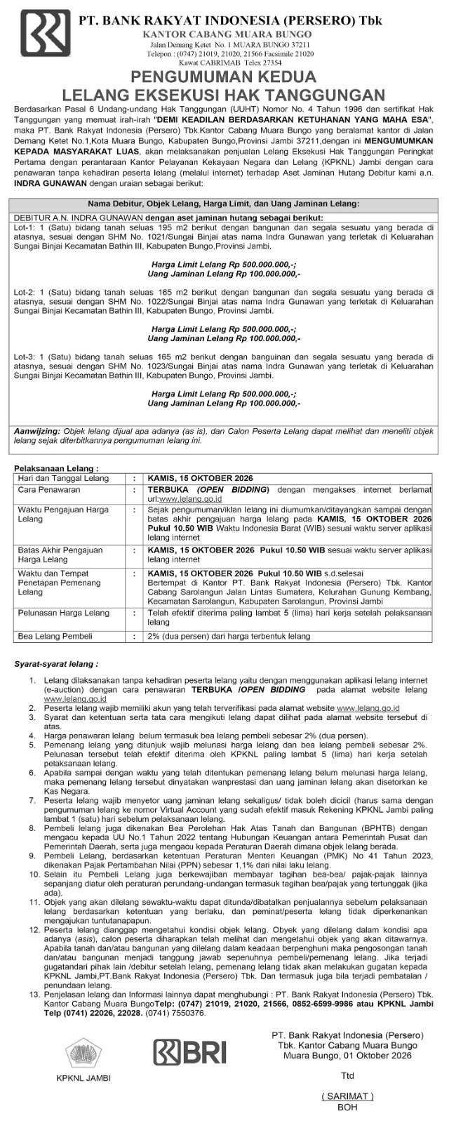 Pengumuman Kedua Lelang Eksekusi Hak Tanggungan BRI Debitur Atas Nama Indra Gunawan