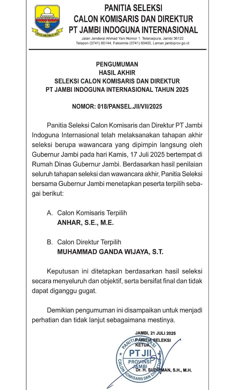  Hasil Akhir Seleksi Jabatan BUMD PT.JII Diumumkan, Ini Nama Calon Komisaris- Direktur Terpilih 