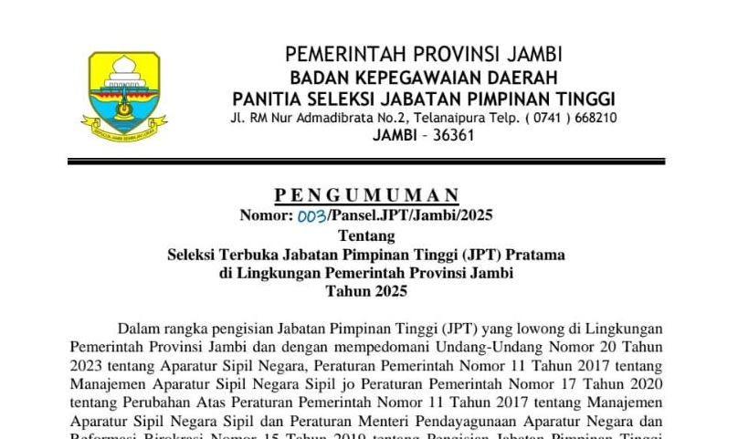 Pemprov Jambi Buka Lelang 6 Jabatan Eselon II,  Ini Jadwal dan Syaratnya