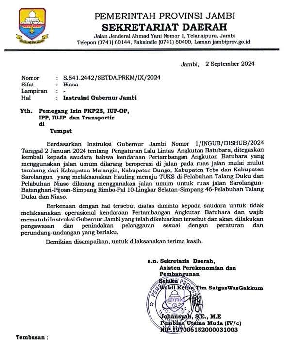 Pemprov Jambi Keluarkan Penegasan Larangan Gunakan Jalan Umum Ke Pemegang Izin Batu Bara