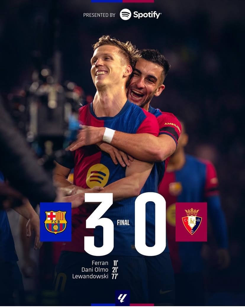 Hajar Osasuna 3-0, Barcelona Kokoh di Puncak Klasemen