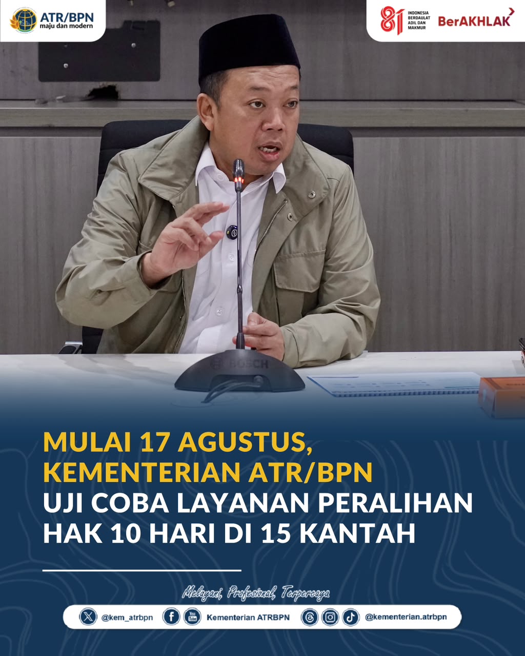 Mulai 17 Agustus, Kementerian ATR/BPN Uji Coba Layanan Peralihan Hak 10 Hari di 15 Kantah