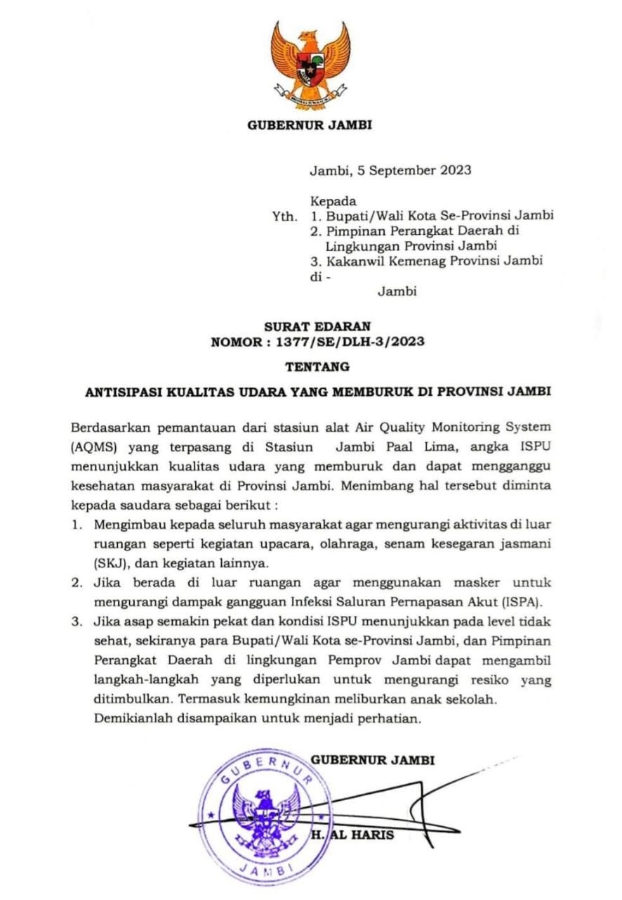 Gubernur Jambi Terbitkan SE Antisipasi Kualitas Udara, Sekolah Bisa Diliburkan Jika...