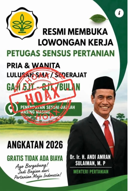 Catut Nama Mentan Amran, Lowongan Kerja Sensus Pertanian 2026 Dipastikan Hoaks