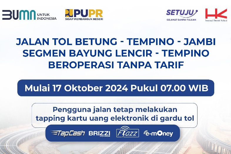 Catat! Operasional Jalan Tol Bayung Lencir - Tempino Tanpa Tarif Mulai 17 Oktober 2024, Begini Ketentuannya