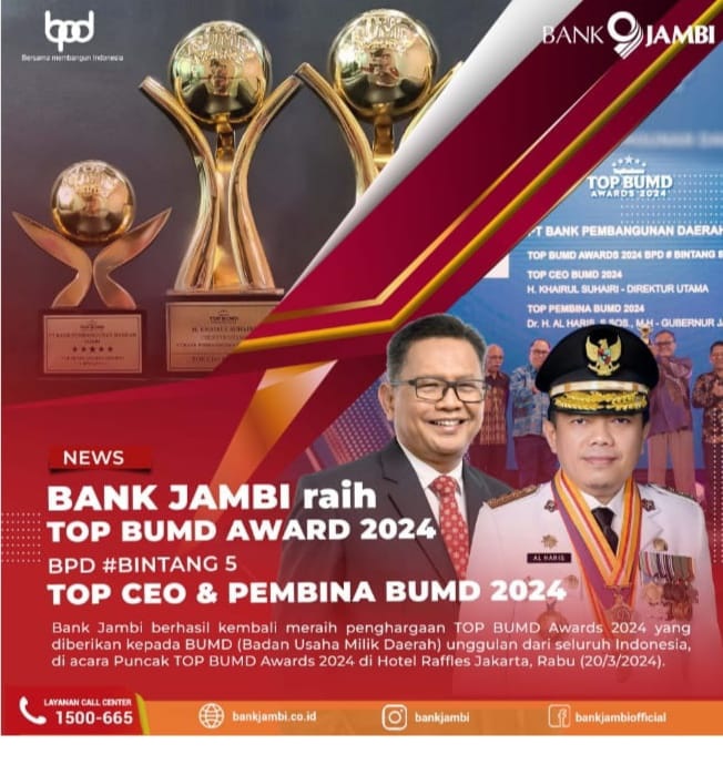 Bank Jambi Raih 3 Penghargaan, Top BUMD Award 2024 