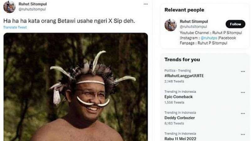 Ruhut Sitompul Unggah Foto Anies Pakai Koteka, Warganet: Apa yang Salah dengan Pakaian Adat Papua? 