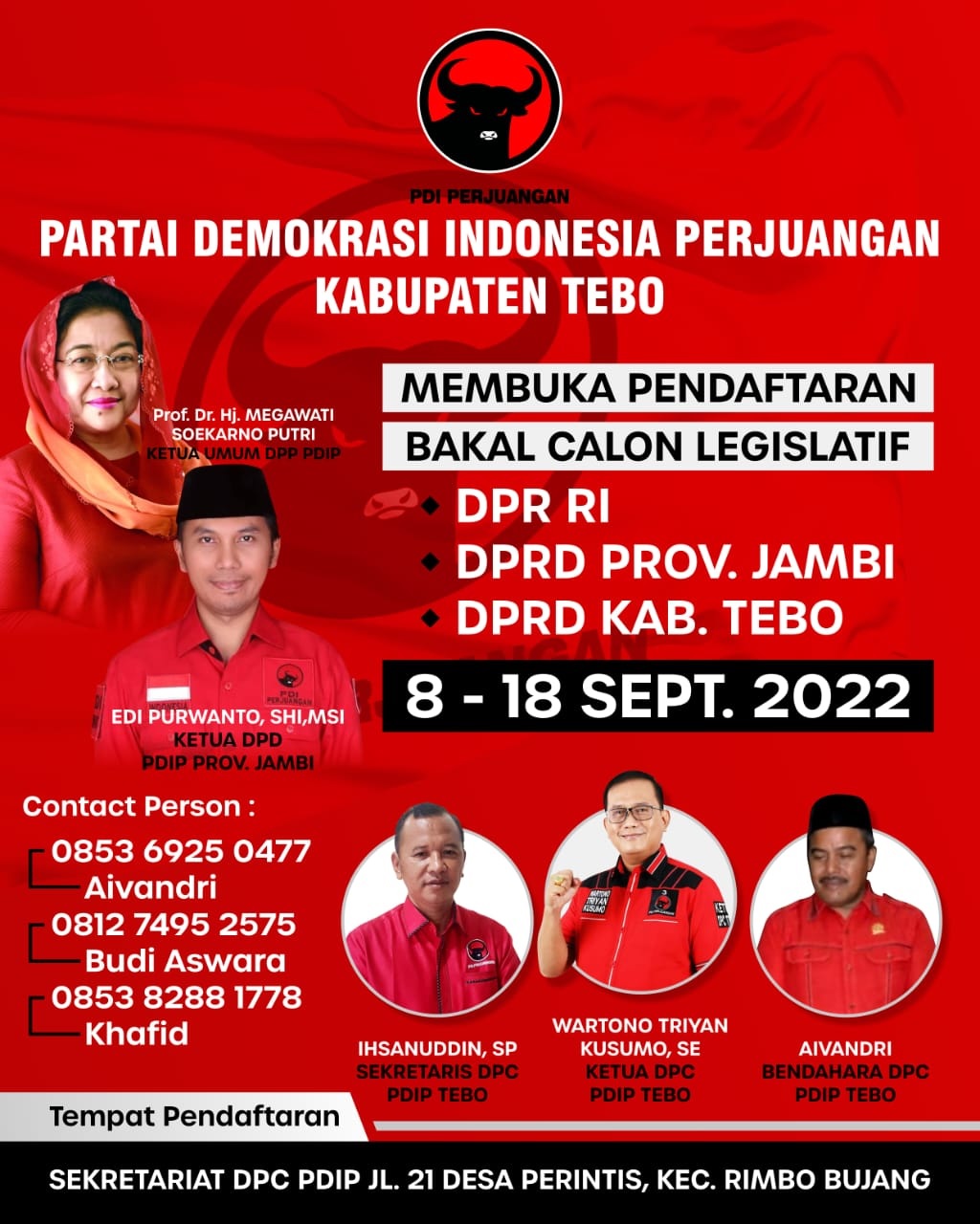 PDIP Kabupaten Tebo Buka Pendaftaran Bakal Calon Legislatif, 8 Hingga 18 September 2022