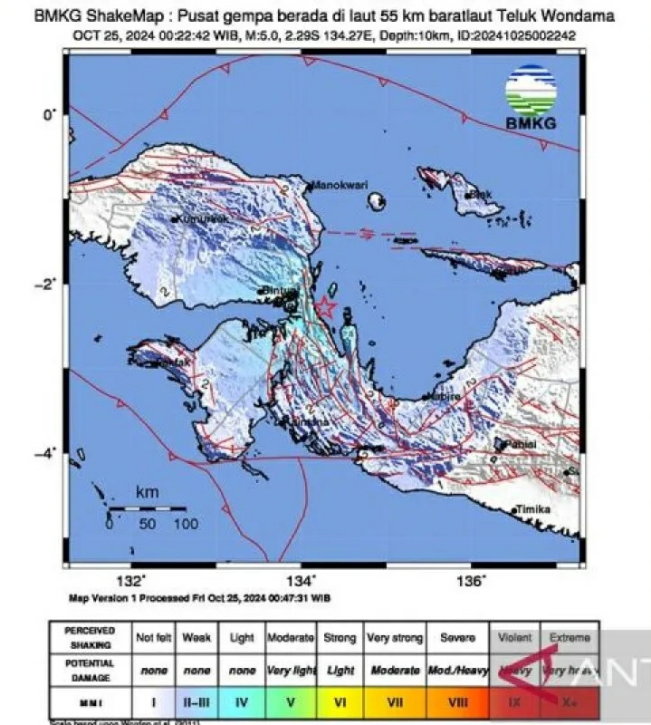 Gempa Magnitudo 5,0 Guncang Teluk Wondama