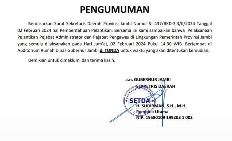 Pelantikan Pejabat Eselon III dan IV Pemprov Ditunda, Gubernur Al Haris Pastikan Akan Lantik Orang Yang Sama